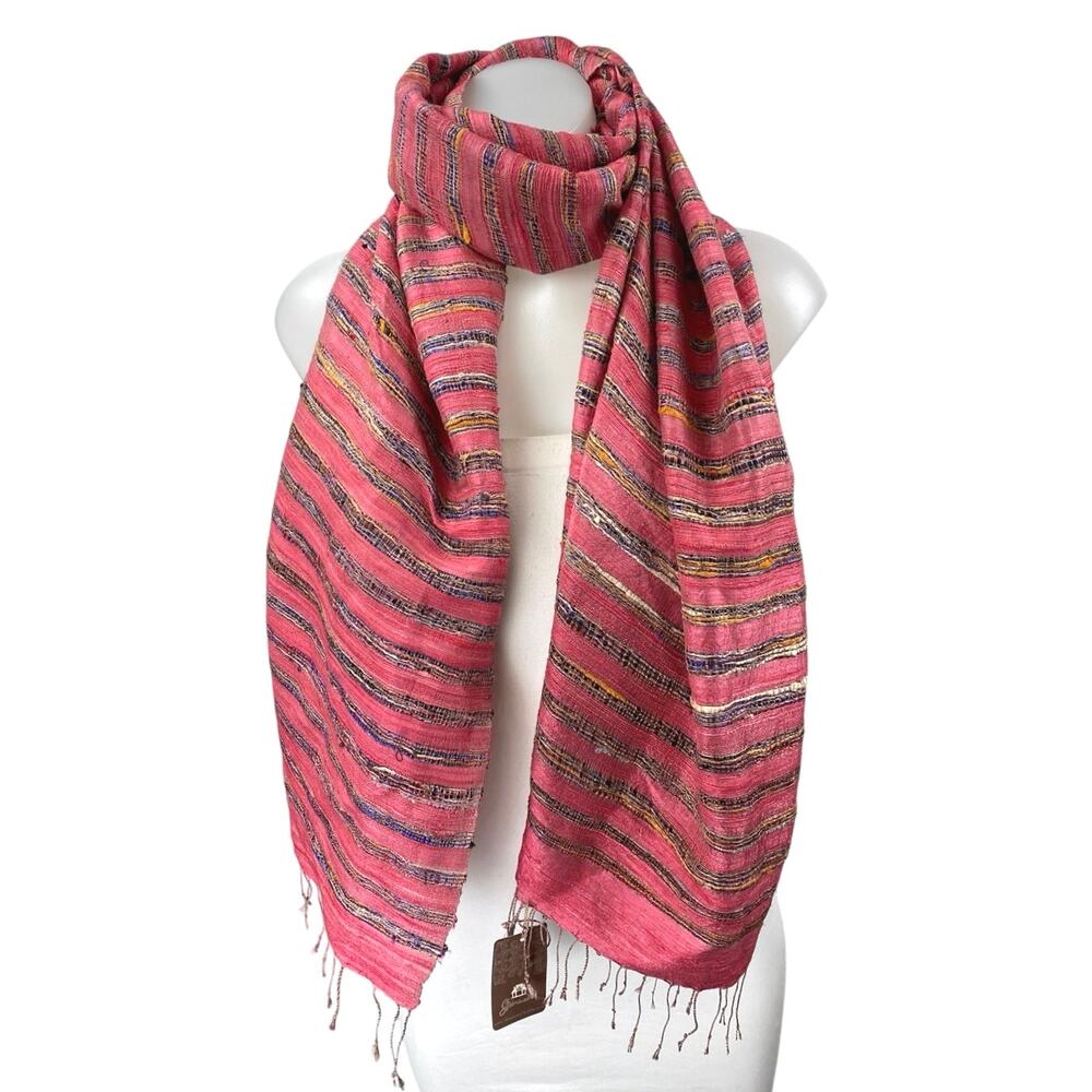 NEW Shinawatra Red Multicolor Striped 100% Silk Fringe Shawl Wrap Scarf OS
